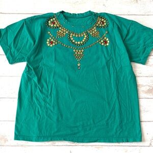 Women’s XL Green Embellished Besazzled Gold Beaded Shirt Short Sleeves X Large